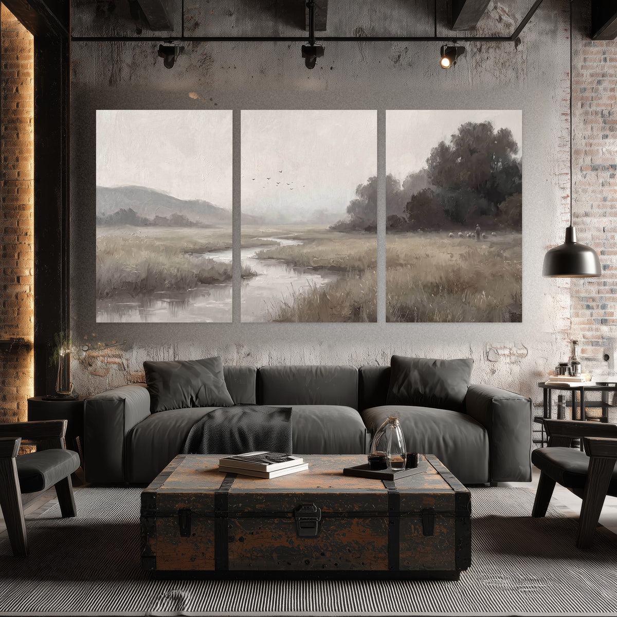 Misty meadow stream painting set of 3 poster prints in an industrial loft