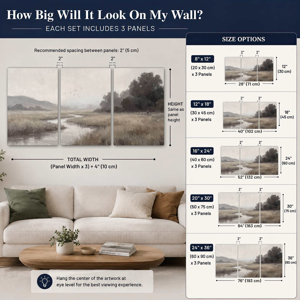 Misty meadow stream painting set of 3 poster prints size guide above a sofa