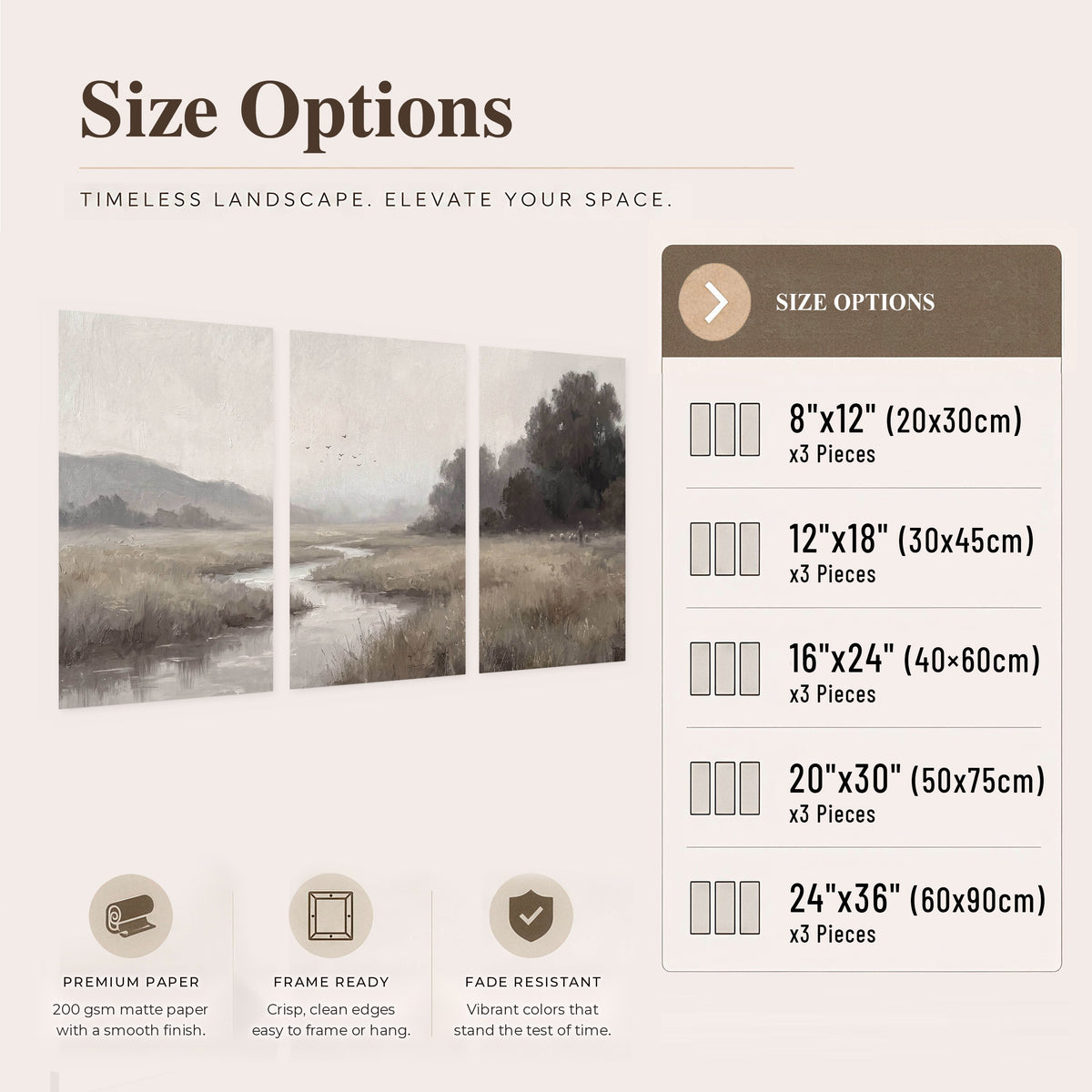 Misty meadow stream painting set of 3 poster prints size options