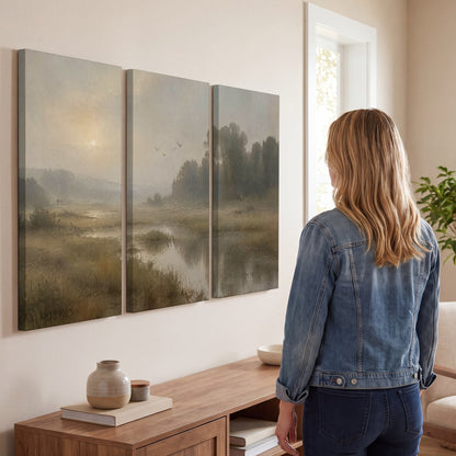 Golden marsh sunrise painting 3 piece canvas wall art in a living room