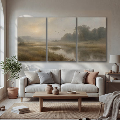 Golden marsh sunrise painting 3 piece canvas wall art in a bright living room