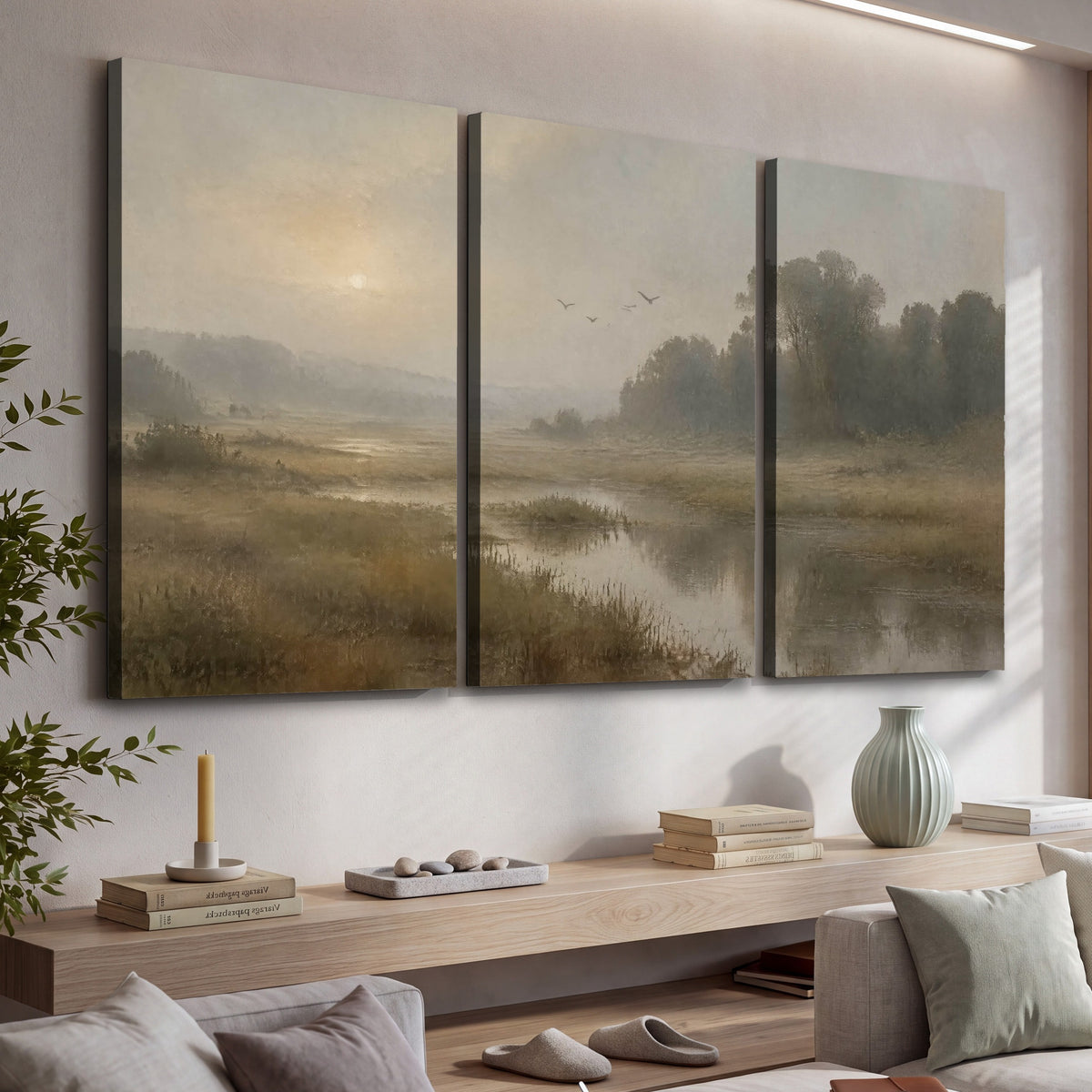 Golden marsh sunrise painting 3 piece canvas wall art in a living room above a console
