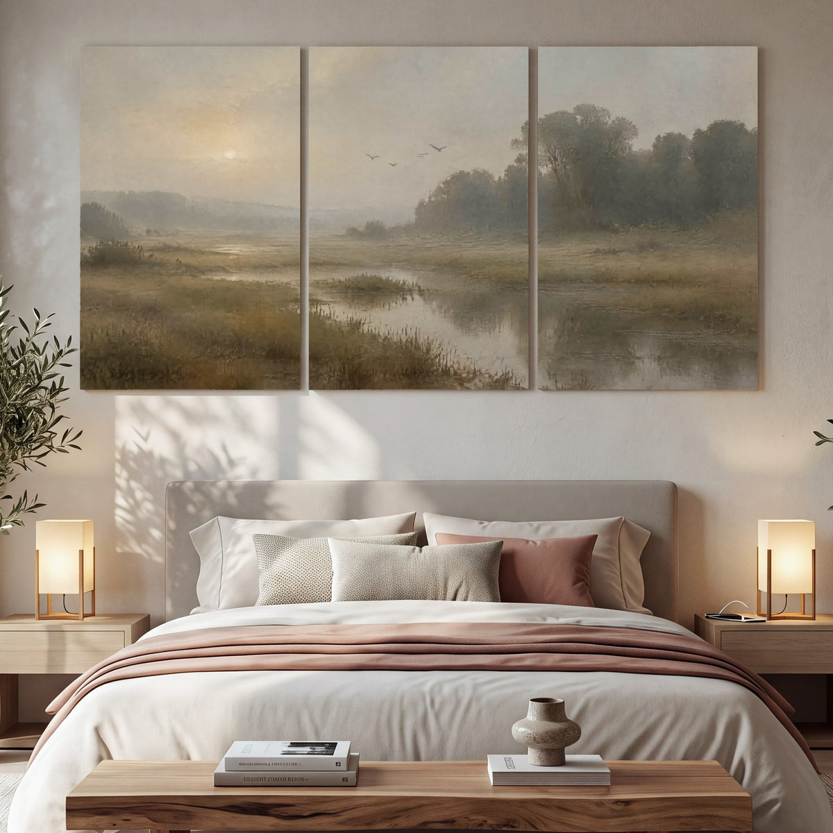 Golden marsh sunrise painting 3 piece canvas wall art in a bedroom above the bed