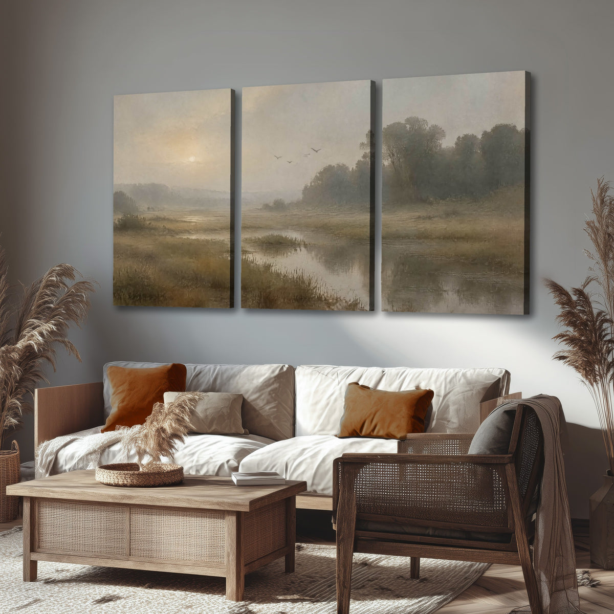 Golden marsh sunrise painting 3 piece canvas wall art in a rustic living room