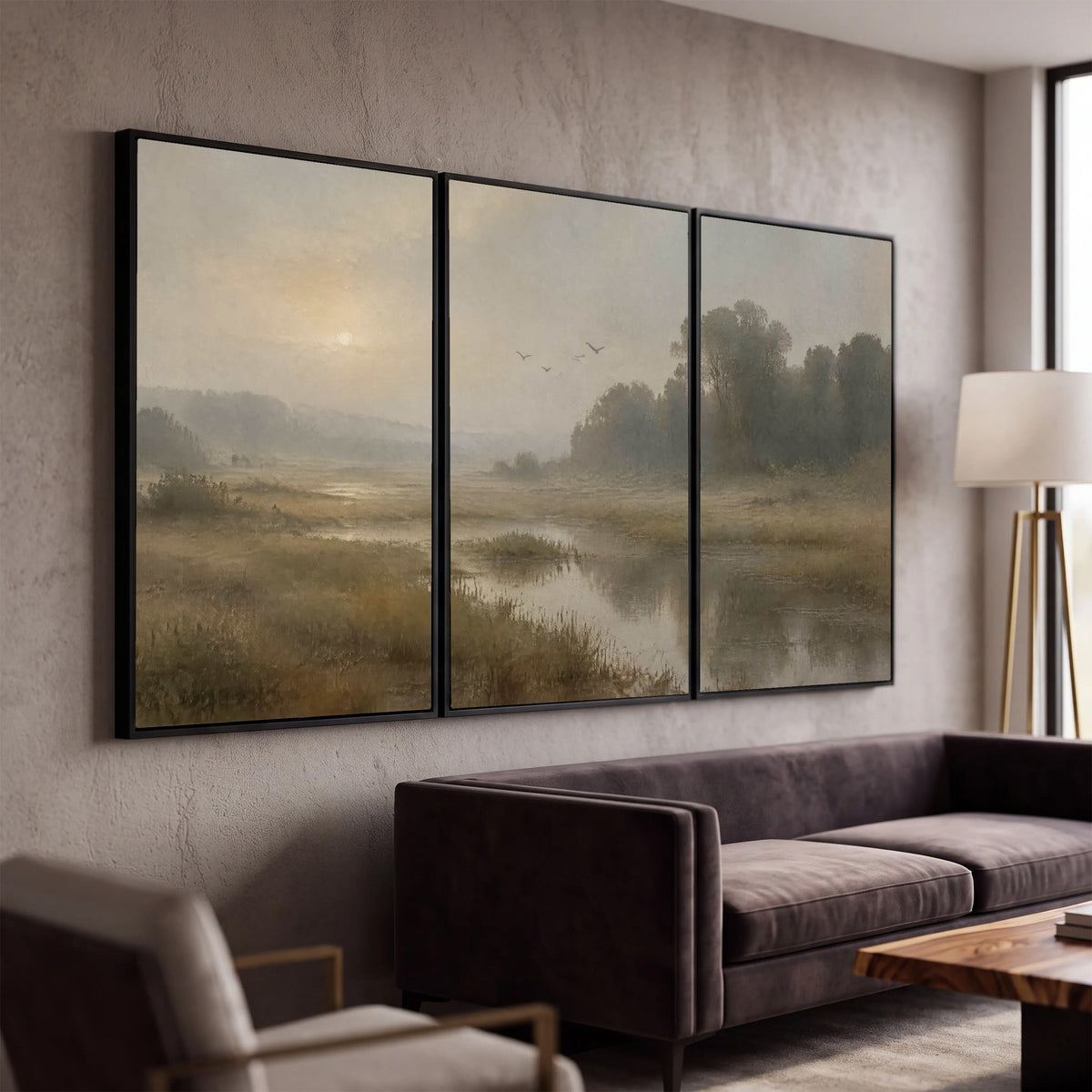 Golden marsh sunrise painting 3 piece canvas wall art in a modern living room