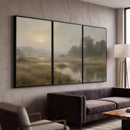 Golden marsh sunrise painting 3 piece canvas wall art in a modern living room