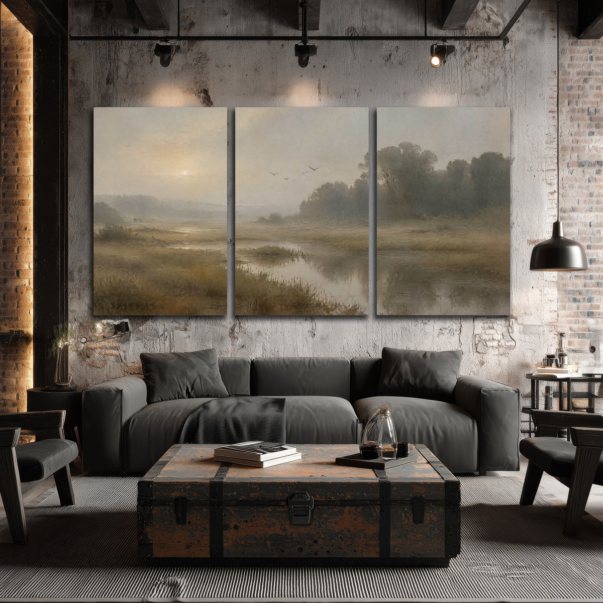 Golden marsh sunrise painting 3 piece canvas wall art in an industrial loft
