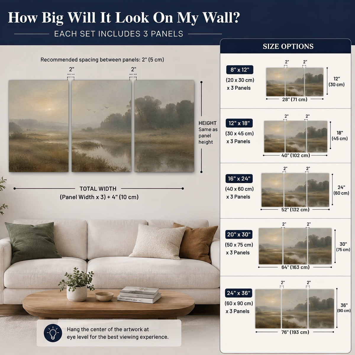 Golden marsh sunrise painting 3 piece canvas wall art size guide above a sofa