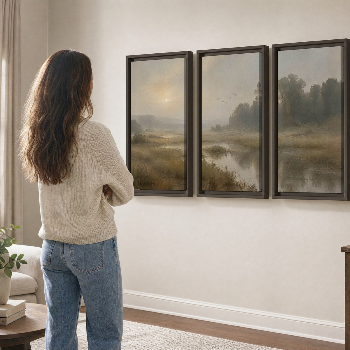 Golden marsh sunrise painting 3 piece framed canvas in a living room