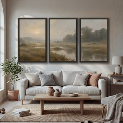 Golden marsh sunrise painting 3 piece framed canvas in a bright living room