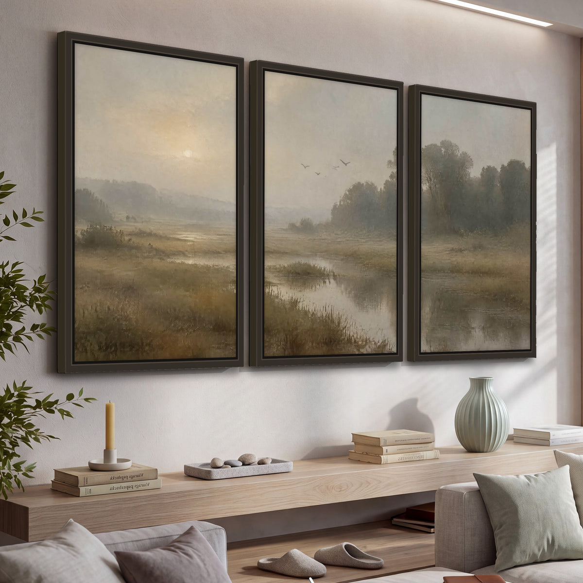 Golden marsh sunrise painting 3 piece framed canvas in a living room above a console