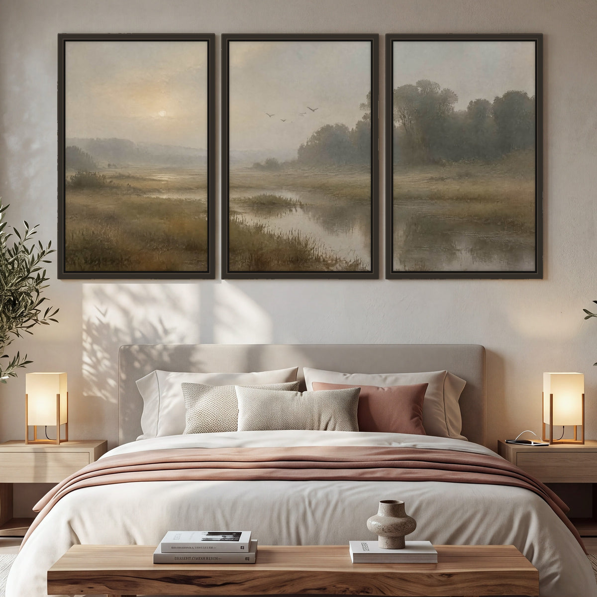 Golden marsh sunrise painting 3 piece framed canvas in a bedroom above the bed