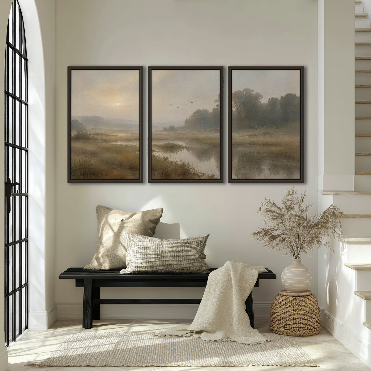 Golden marsh sunrise painting 3 piece framed canvas in an entryway above a bench