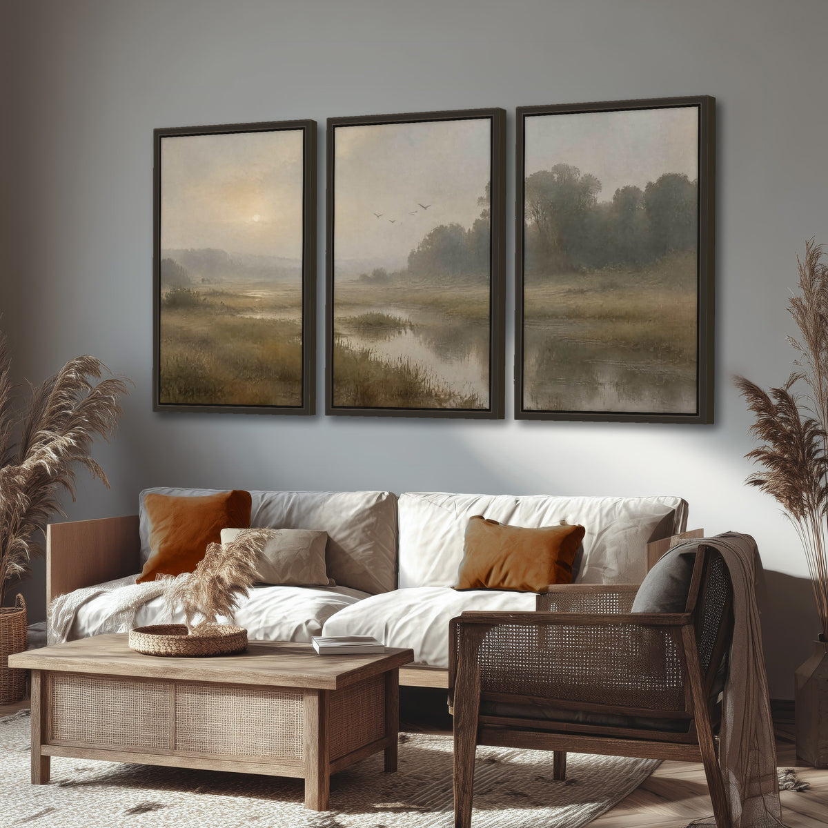 Golden marsh sunrise painting 3 piece framed canvas in a rustic living room