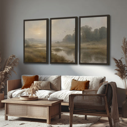 Golden marsh sunrise painting 3 piece framed canvas in a rustic living room