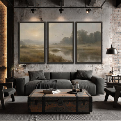 Golden marsh sunrise painting 3 piece framed canvas in an industrial loft