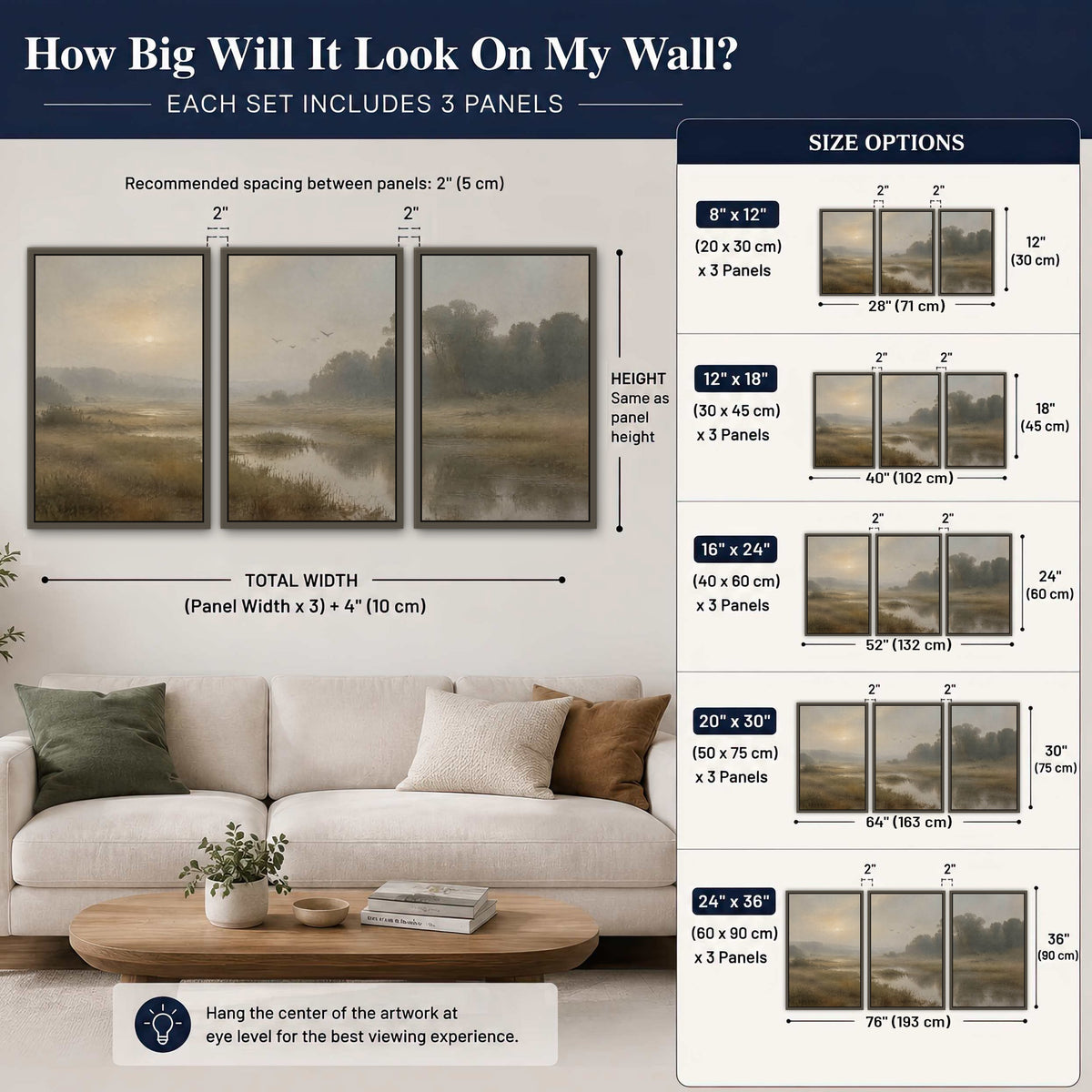 Golden marsh sunrise painting 3 piece framed canvas size guide above a sofa