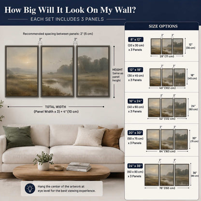 Golden marsh sunrise painting 3 piece framed canvas size guide above a sofa