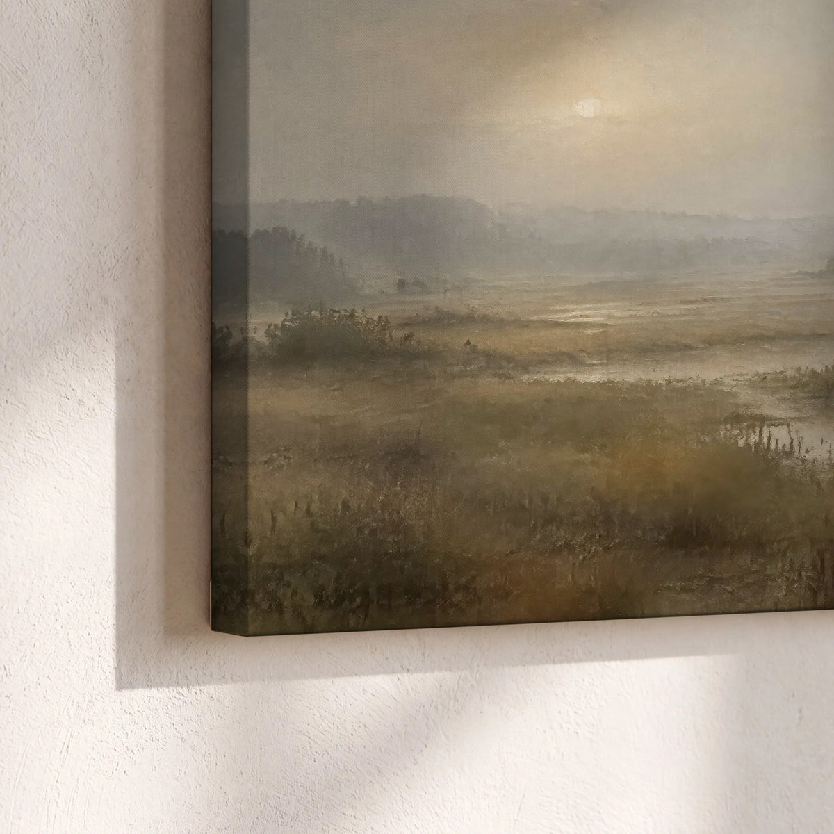 Golden marsh sunrise painting canvas print close-up showing the gallery-wrapped edge