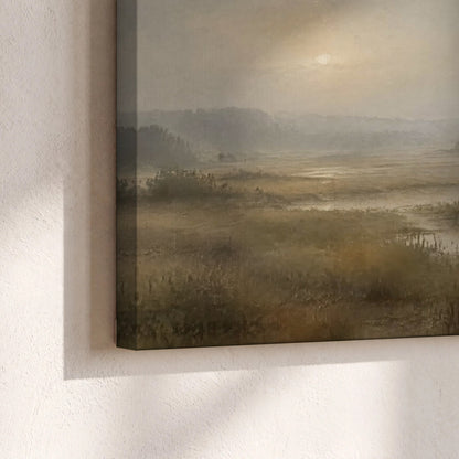 Golden marsh sunrise painting canvas print close-up showing the gallery-wrapped edge