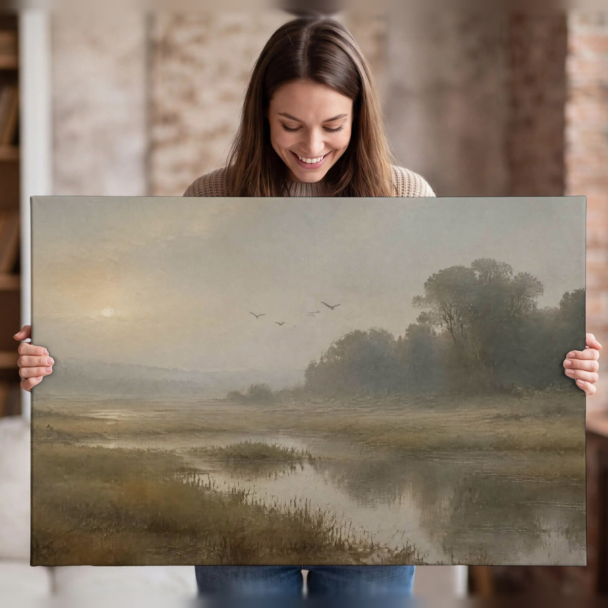 Golden marsh sunrise painting canvas wall art held in hands
