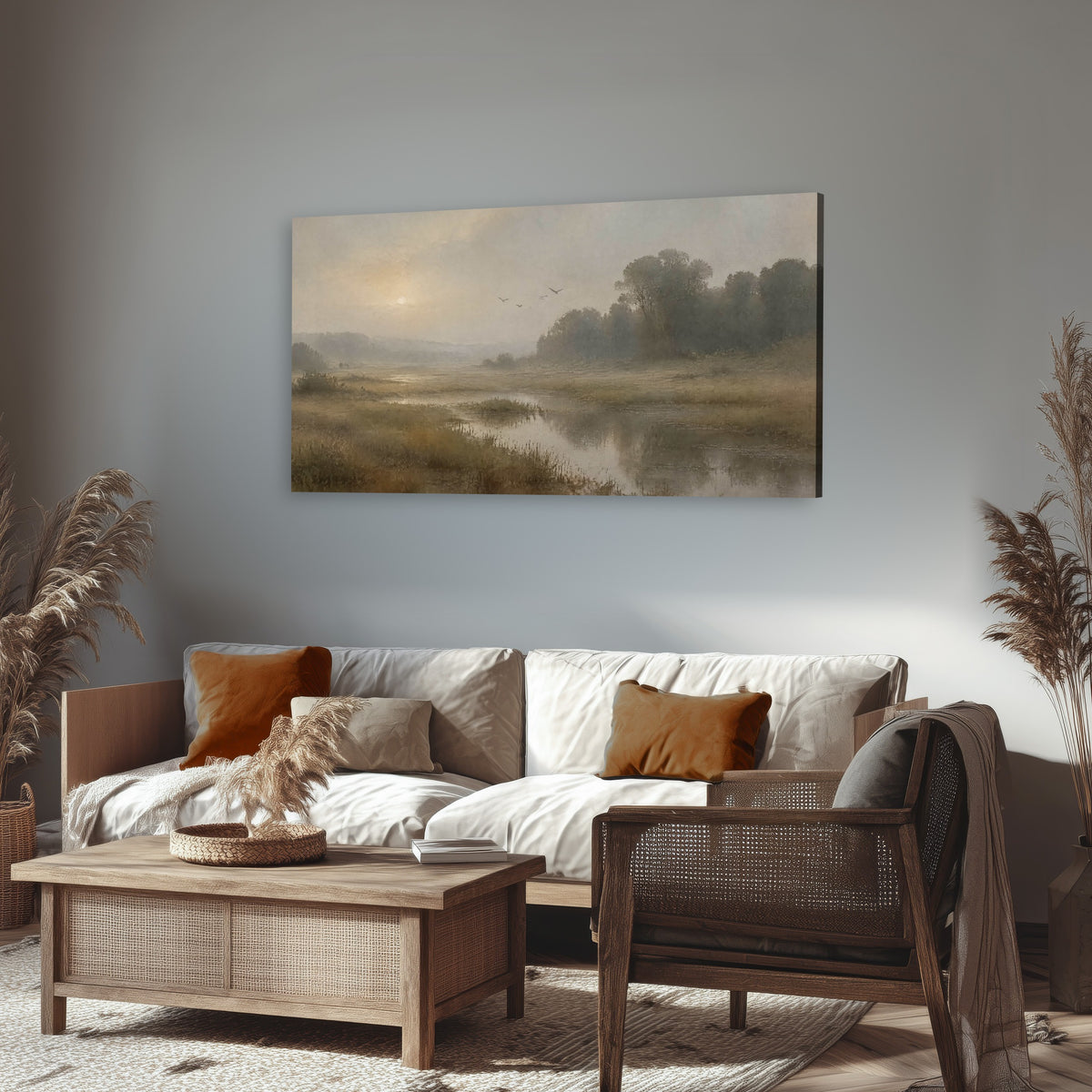 Golden marsh sunrise painting canvas wall art in a rustic living room