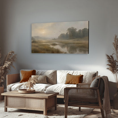 Golden marsh sunrise painting canvas wall art in a rustic living room