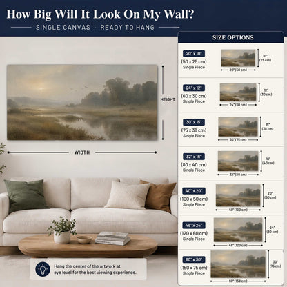 Golden marsh sunrise painting canvas wall art size guide above a sofa