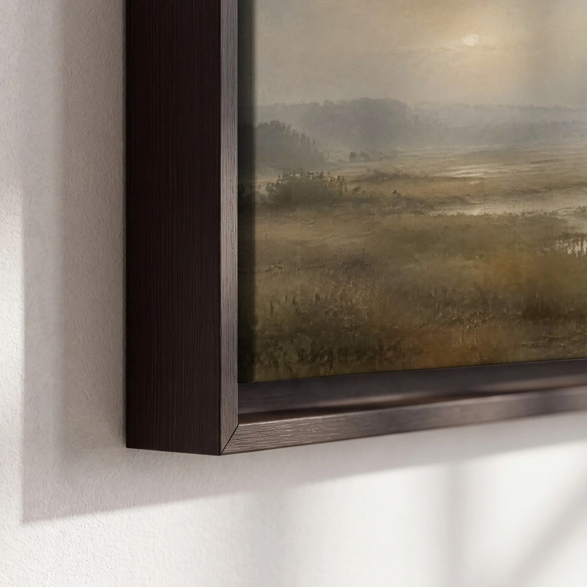 Golden marsh sunrise painting framed canvas close-up showing the floating frame