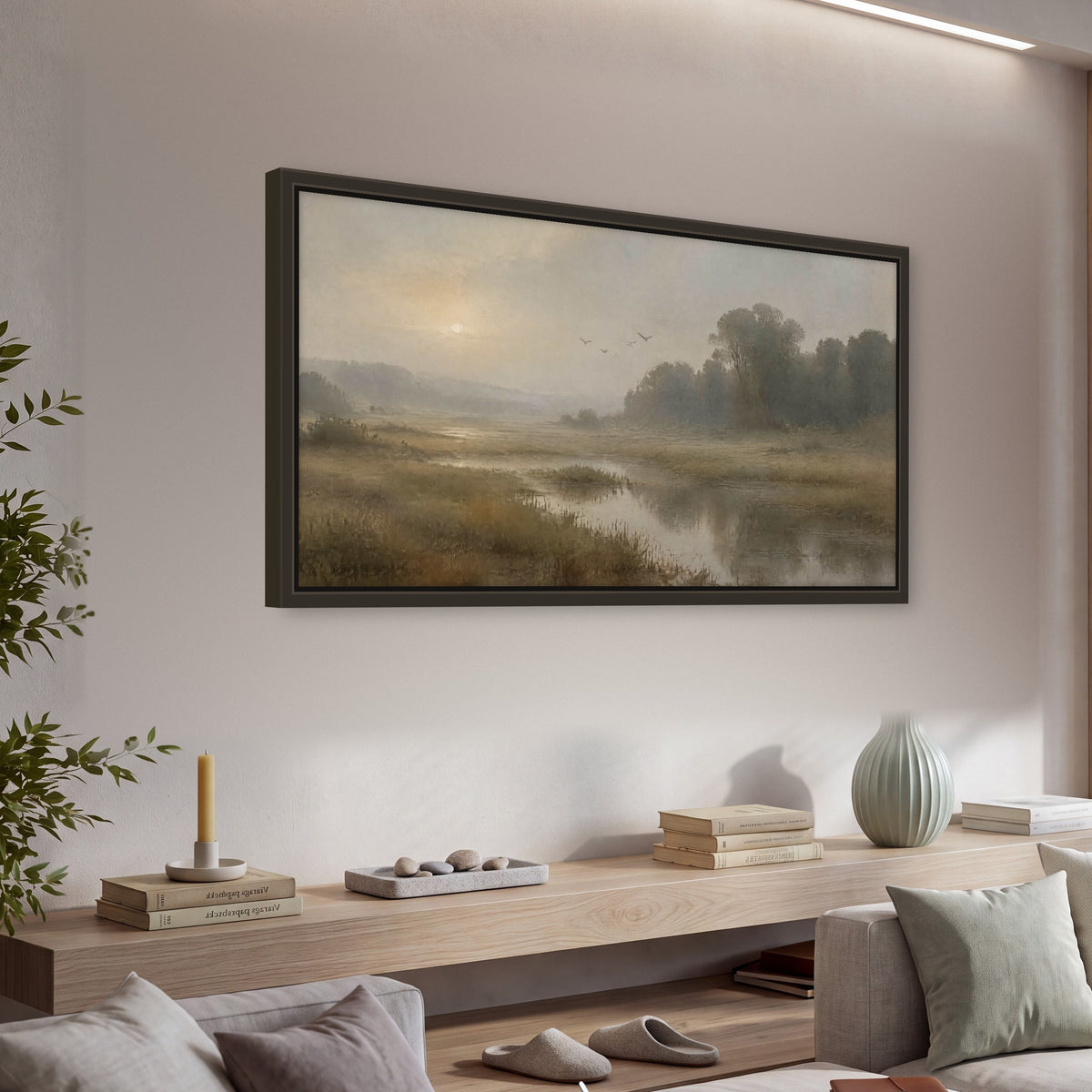 Golden marsh sunrise painting framed canvas wall art in a living room above a console