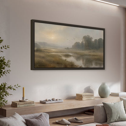 Golden marsh sunrise painting framed canvas wall art in a living room above a console