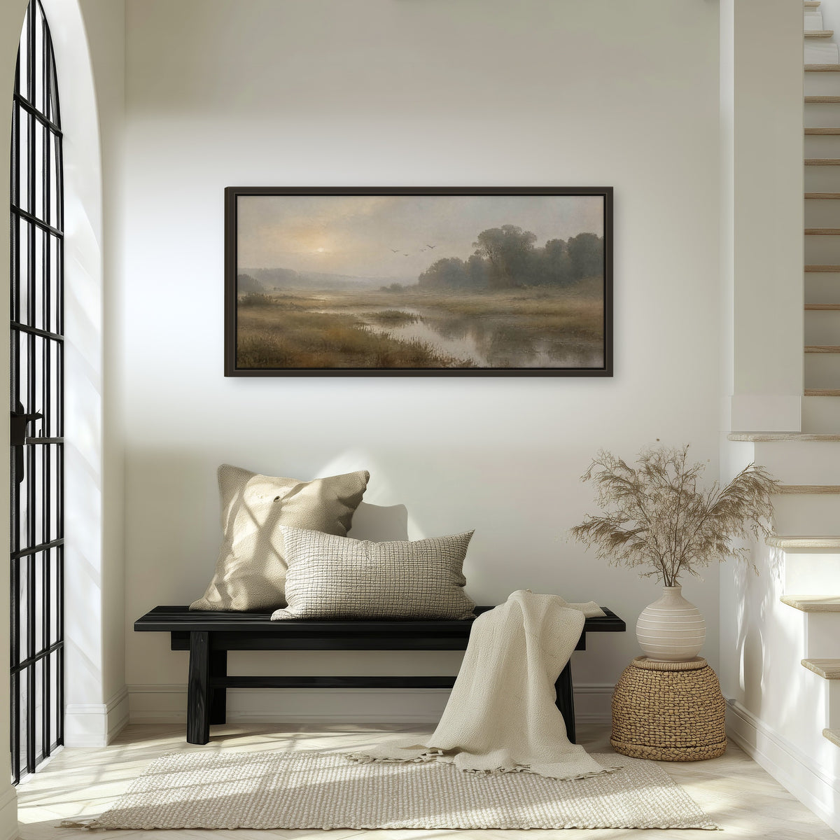 Golden marsh sunrise painting framed canvas wall art in an entryway above a bench