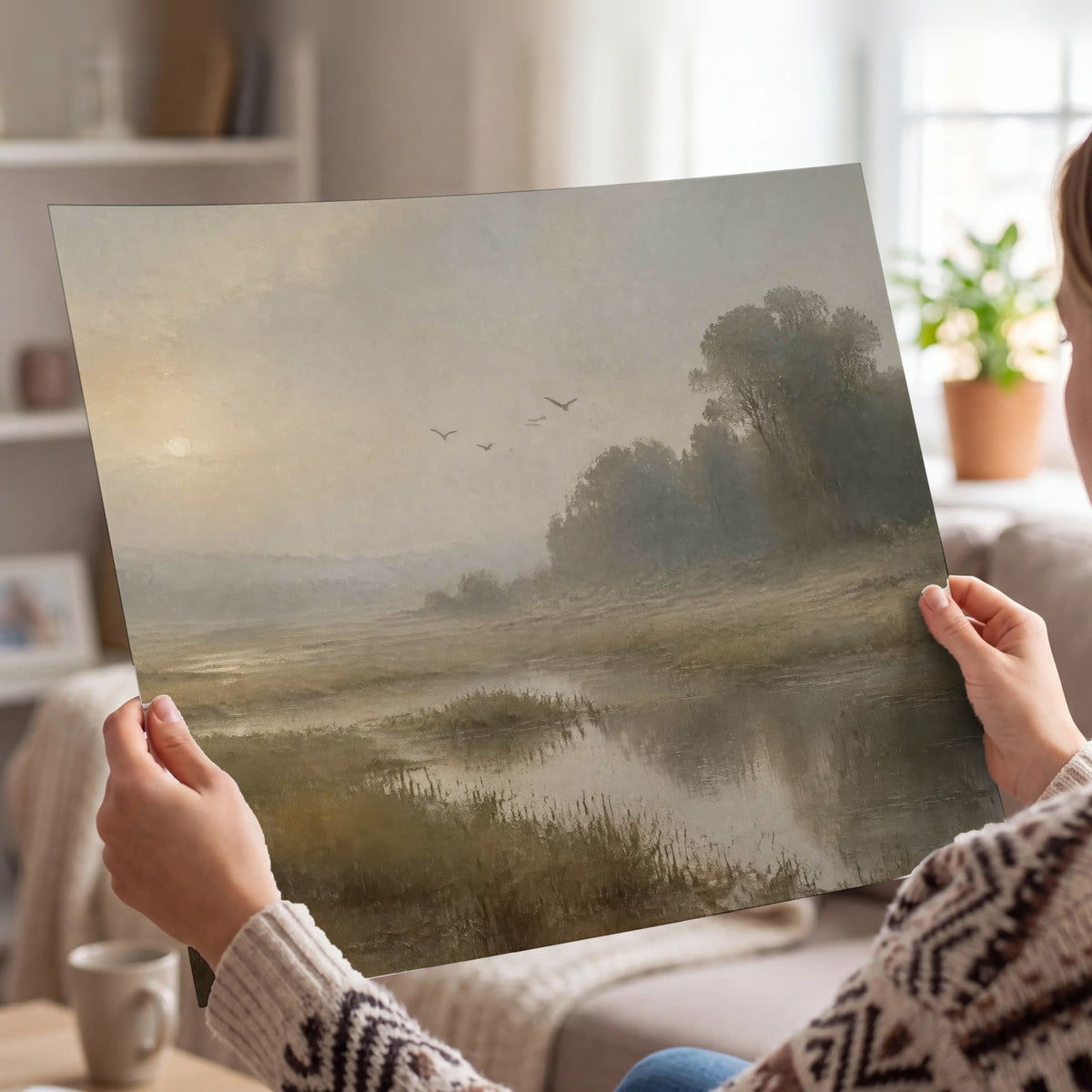 Golden marsh sunrise painting poster print held in hands