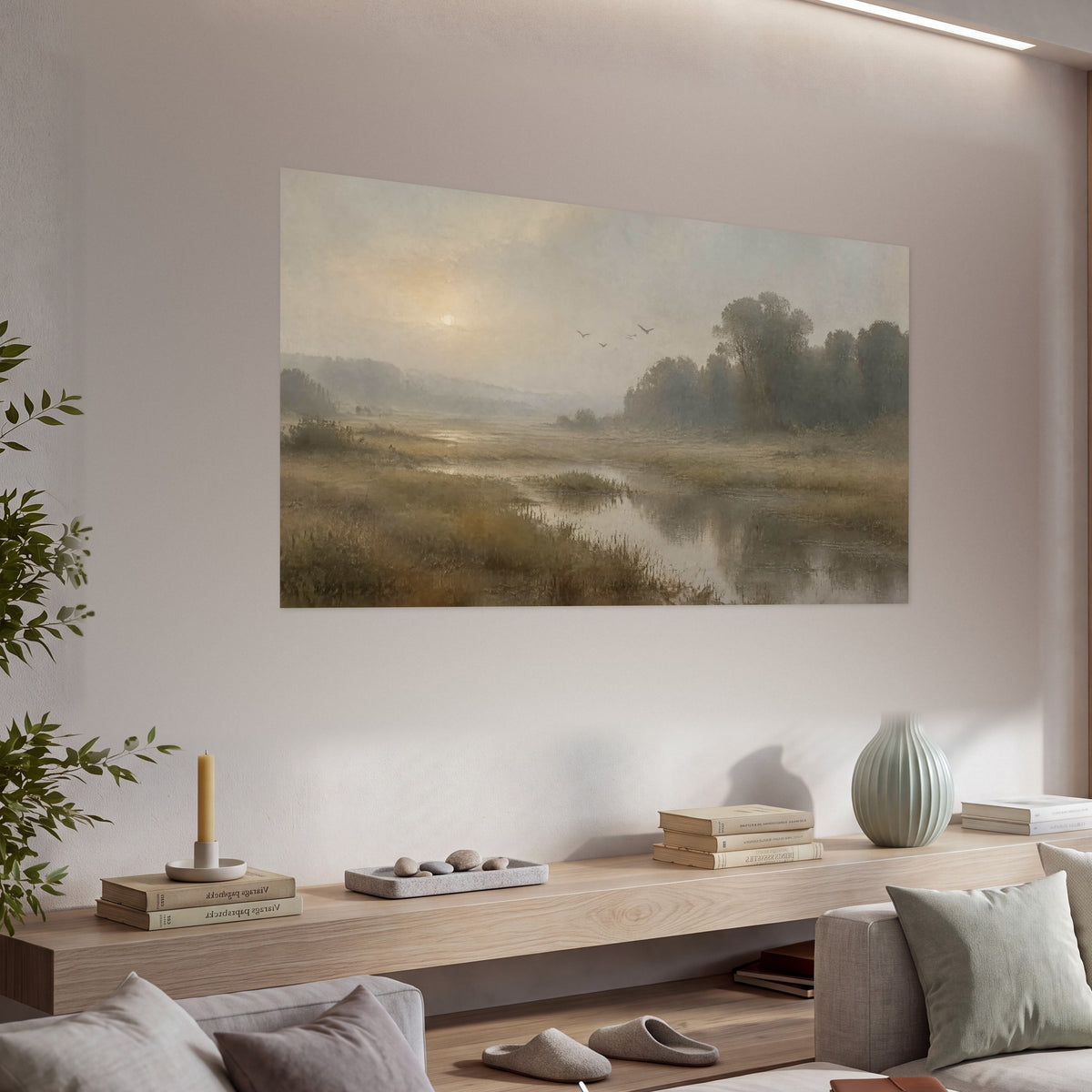 Golden marsh sunrise painting poster print in a living room above a console