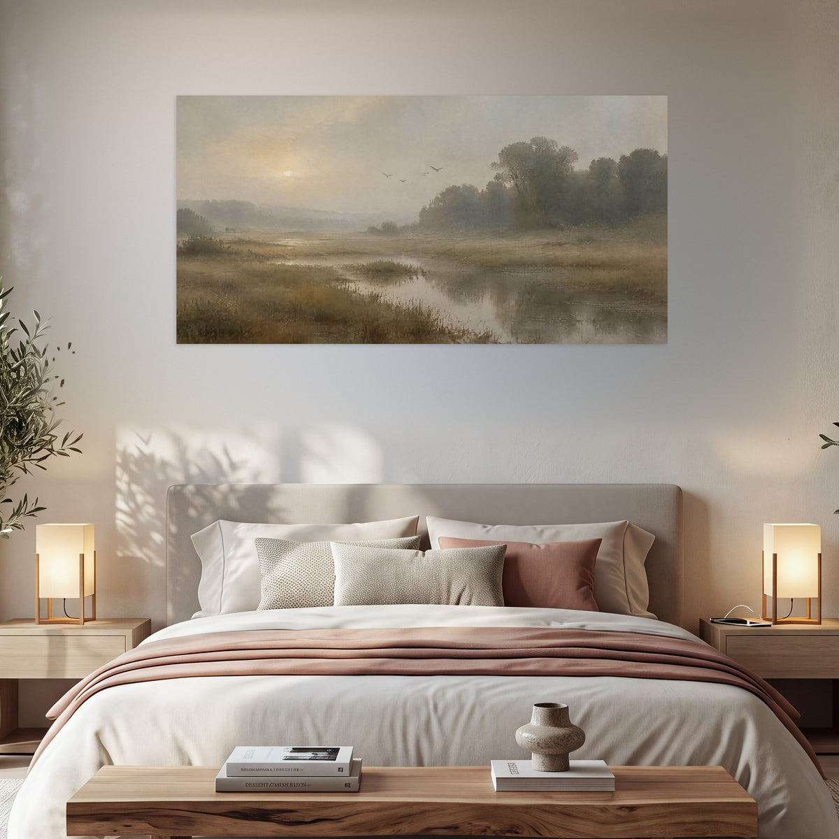 Golden marsh sunrise painting poster print in a bedroom above the bed