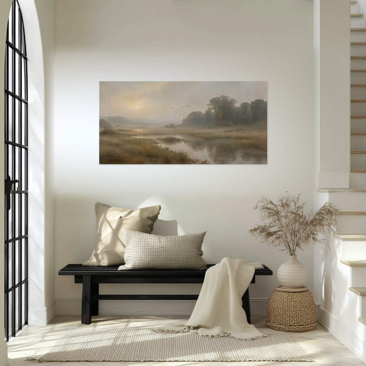 Golden marsh sunrise painting poster print in an entryway above a bench