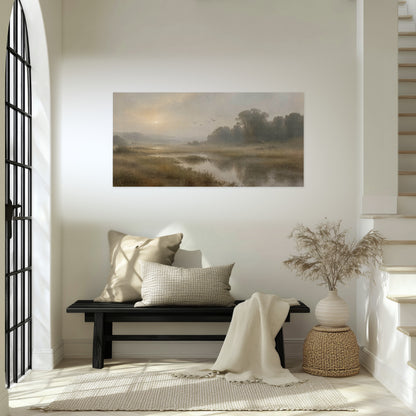 Golden marsh sunrise painting poster print in an entryway above a bench