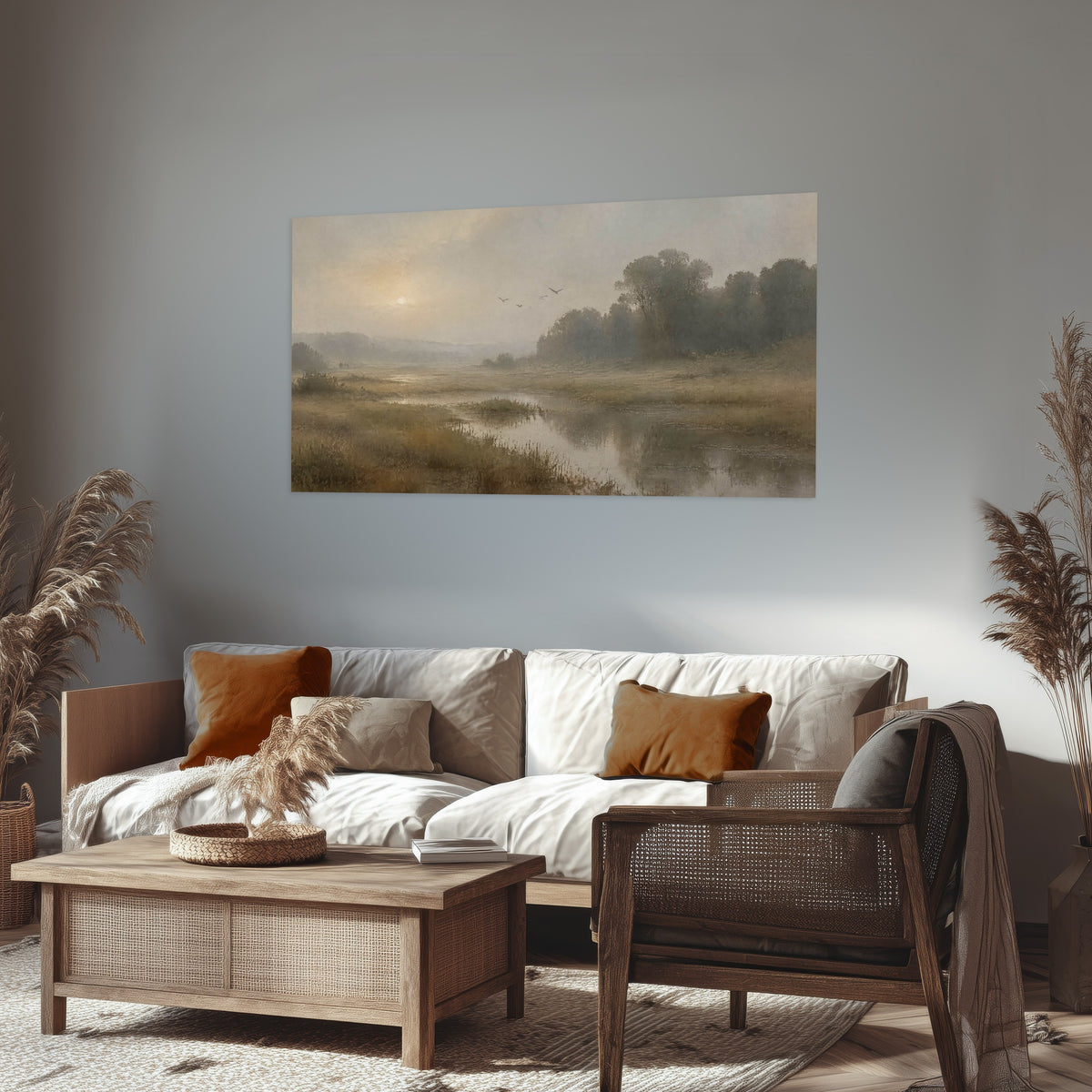 Golden marsh sunrise painting poster print in a rustic living room
