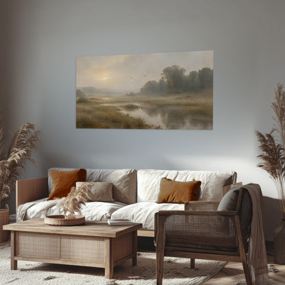 Golden marsh sunrise painting poster print in a rustic living room