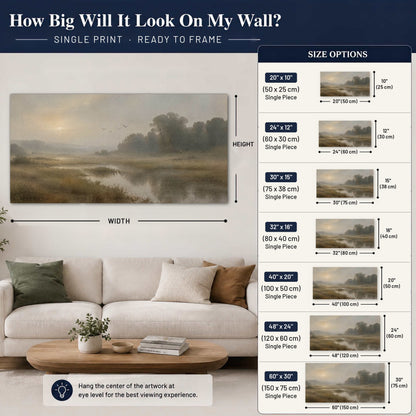 Golden marsh sunrise painting poster print size guide above a sofa