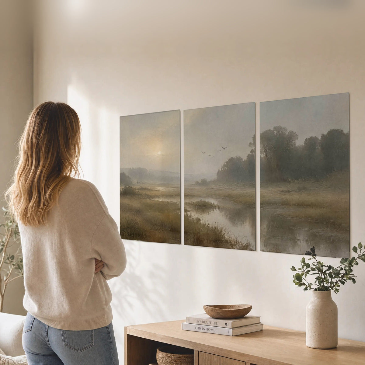 Golden marsh sunrise painting set of 3 poster prints in a living room