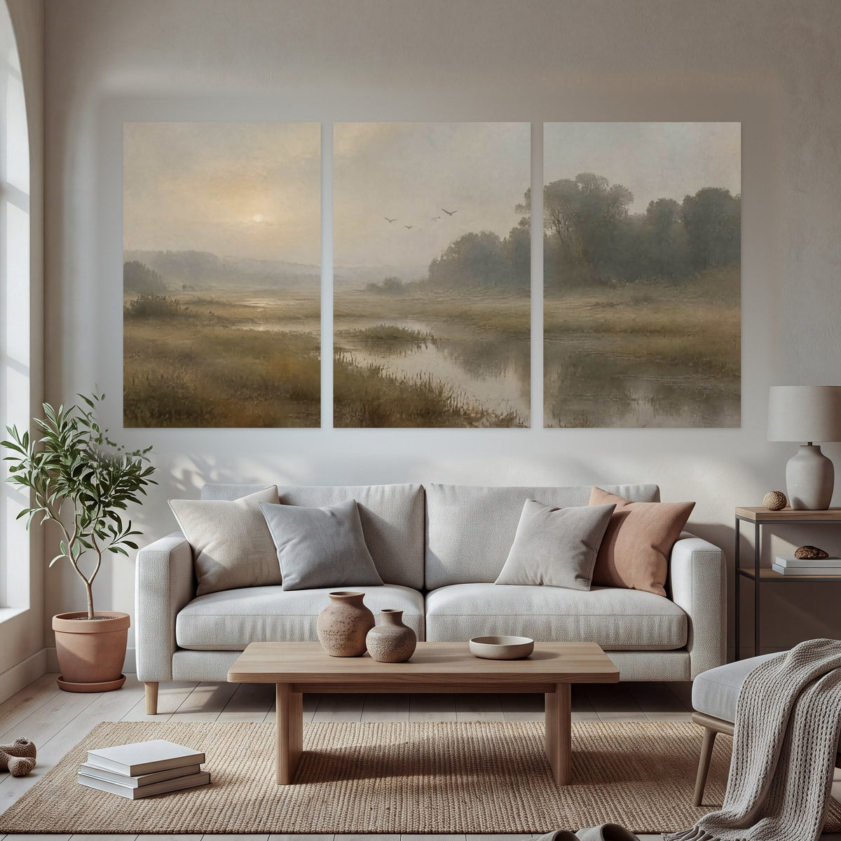 Golden marsh sunrise painting set of 3 poster prints in a bright living room