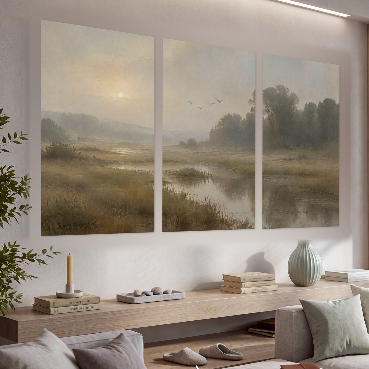 Golden marsh sunrise painting set of 3 poster prints in a living room above a console