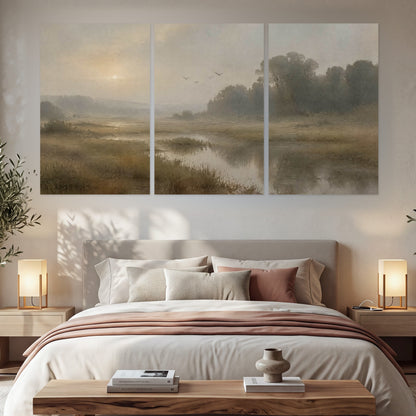 Golden marsh sunrise painting set of 3 poster prints in a bedroom above the bed