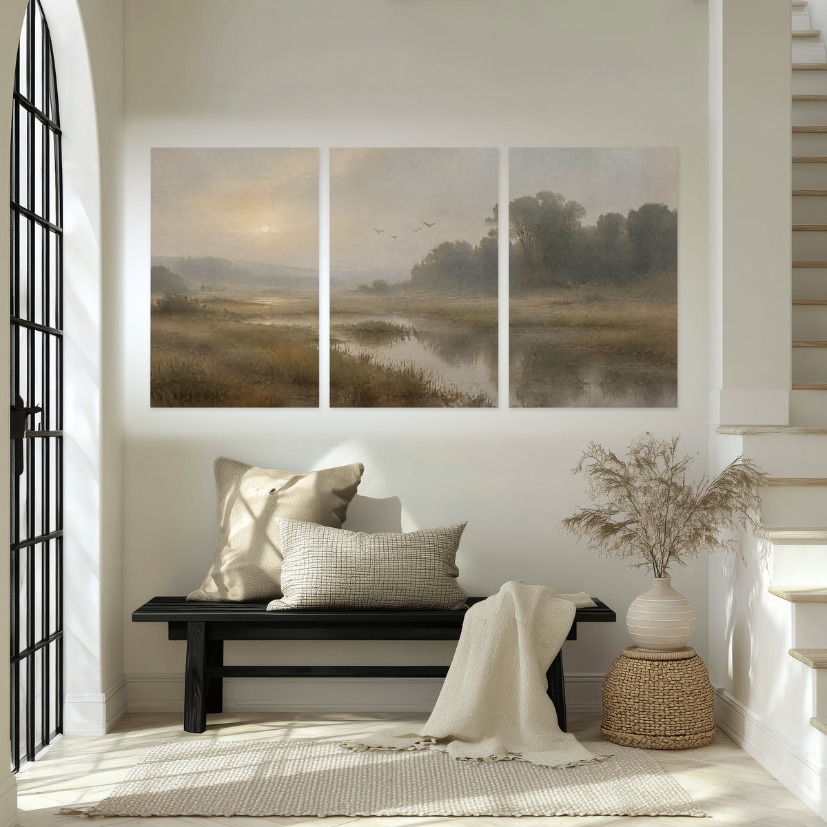 Golden marsh sunrise painting set of 3 poster prints in an entryway above a bench