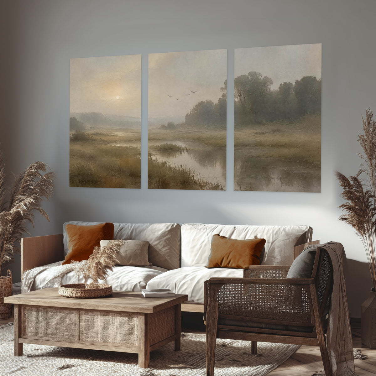 Golden marsh sunrise painting set of 3 poster prints in a rustic living room