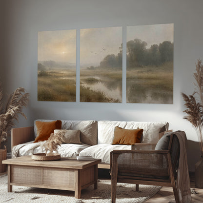 Golden marsh sunrise painting set of 3 poster prints in a rustic living room