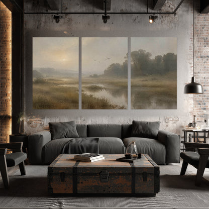 Golden marsh sunrise painting set of 3 poster prints in an industrial loft