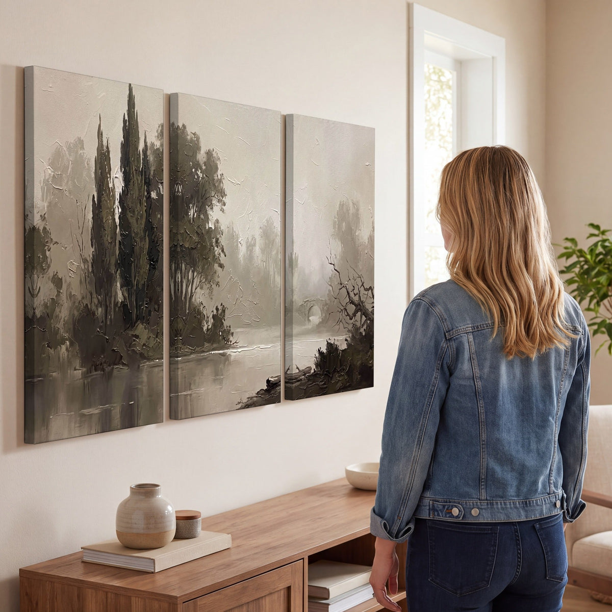 Misty river stone bridge painting 3 piece canvas wall art in a living room