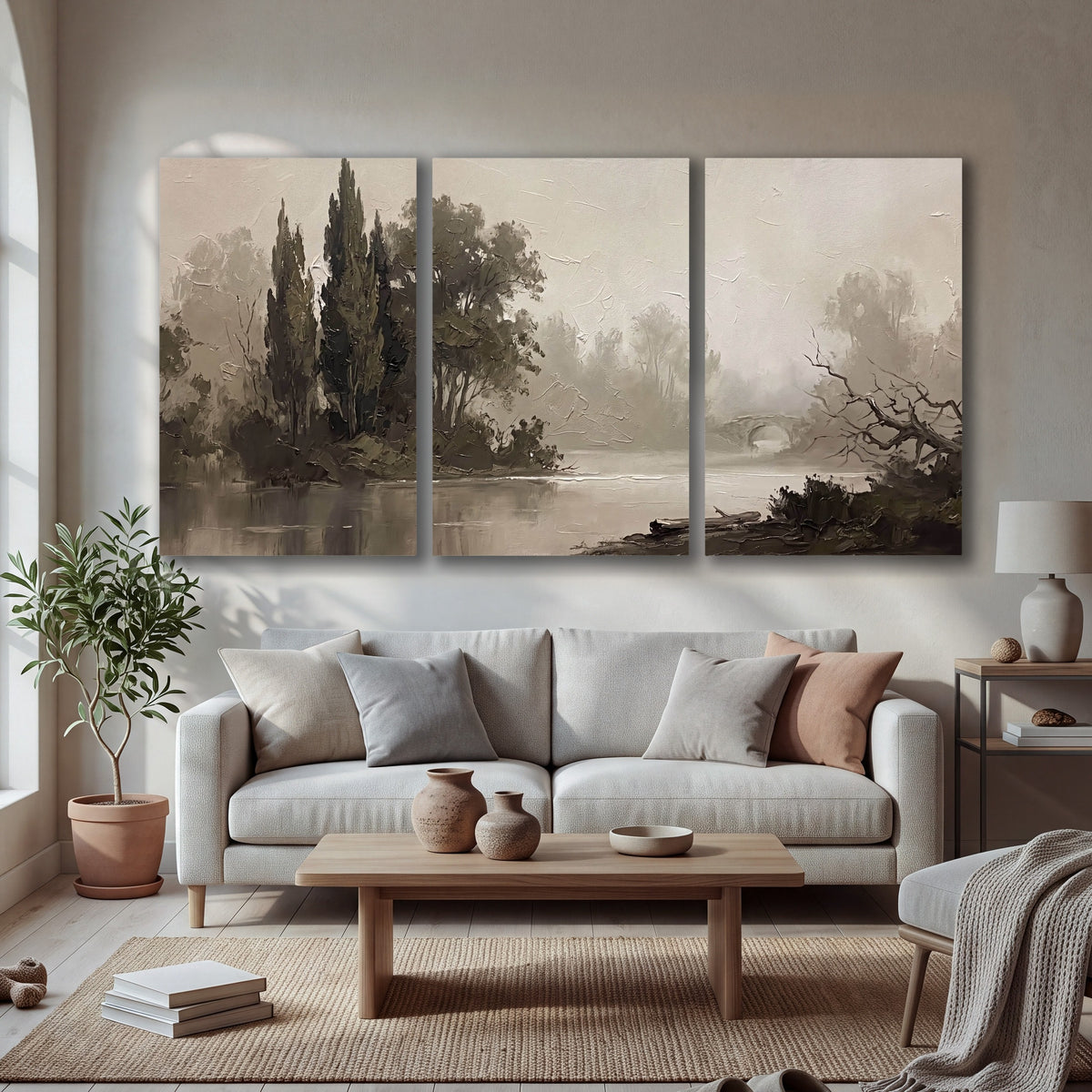 Misty river stone bridge painting 3 piece canvas wall art in a bright living room